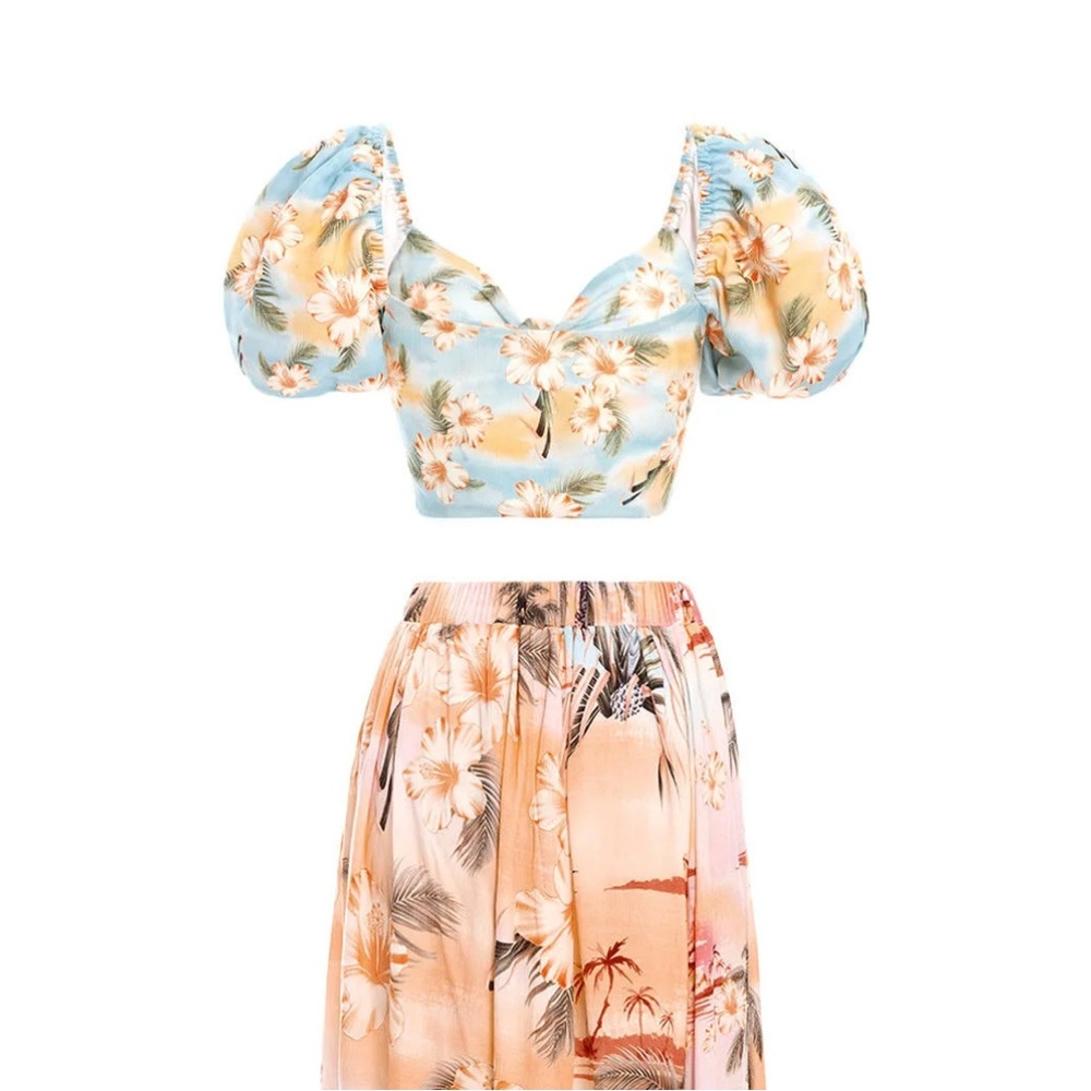 Agua Bendita Floral Puff Sleeve Blouse - Blue and Peach